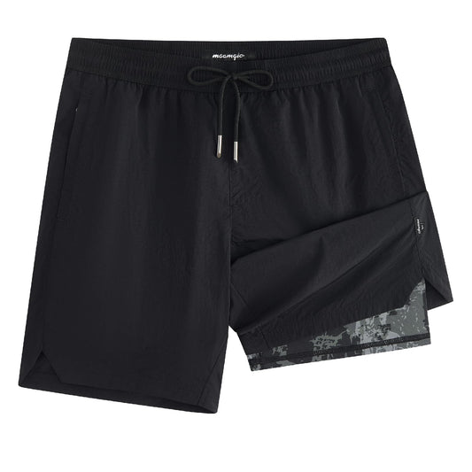 maamgic 7 Inch Metallic Sheen Packable Mens Swim Trunks - Mens Bathing Suit Quick Dry Fashion Zipper Pockets Swimwear Black-Black