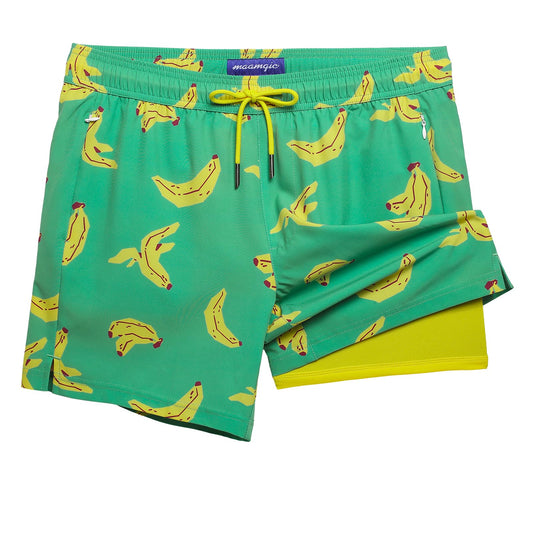 maamgic Mens Swim Trunks with Compression Liner 5 Inch, Quick Dry Bathing Suit with Zipper Pockets, Stretch No-Chafing Swim Shorts, Banana X-Small