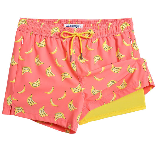 maamgic Mens Swim Trunks with Compression Liner Short Stretch Mens Bathing Suit Quick Dry Swimming Trunks Swimsuit Banana Orange Small