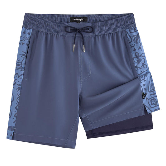 maamgic Mens Swim Trunks - Mens Bathing Suit with Compression Liner 7 Inch Quick Dry Fshion Stretch Zipper Pockets Swimwear Blue Grey-Navy Blue-Ocean Sun