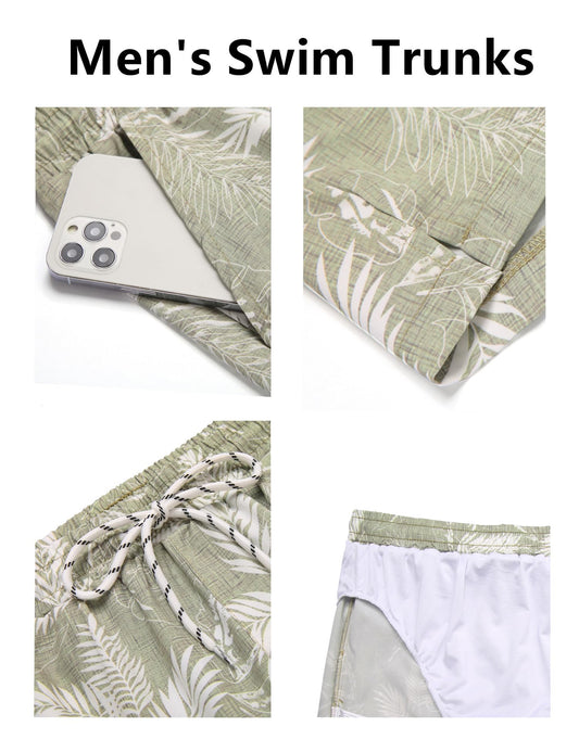 COOFANDY Mens Swim Trunks Plam Print Quick Dry Boardshorts 5 Inches Inseam Bathing Suits with Mesh Lining Green Plam Leaf L