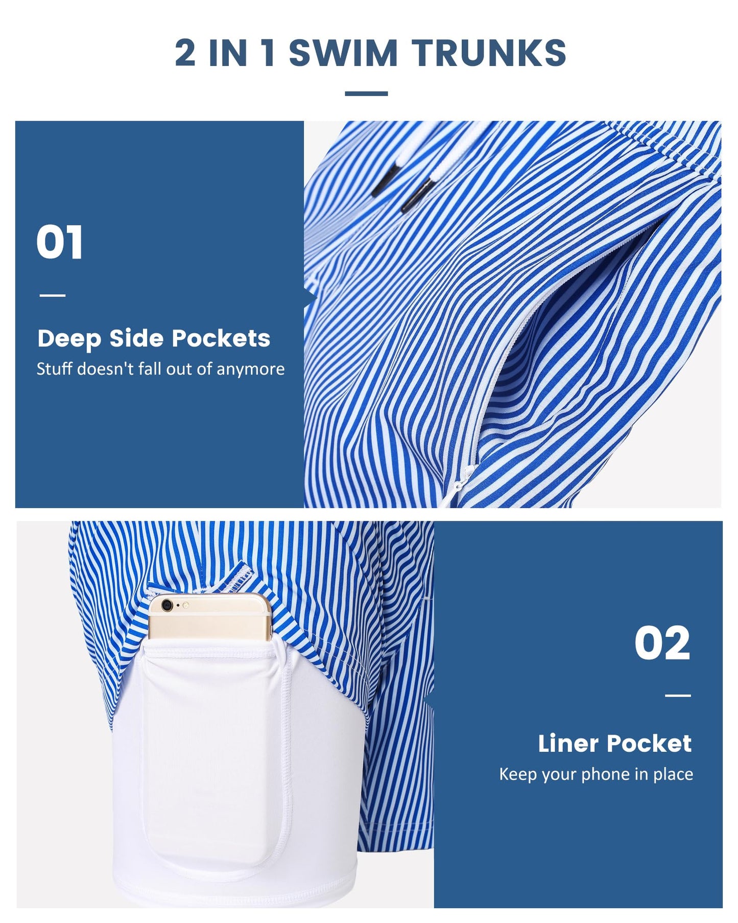 maamgic Mens Swim Trunks with Compression Liner 5 Inch, Quick Dry Bathing Suit with Zipper Pockets, Stretch No-Chafing Swim Shorts, Blue White Stripe Medium