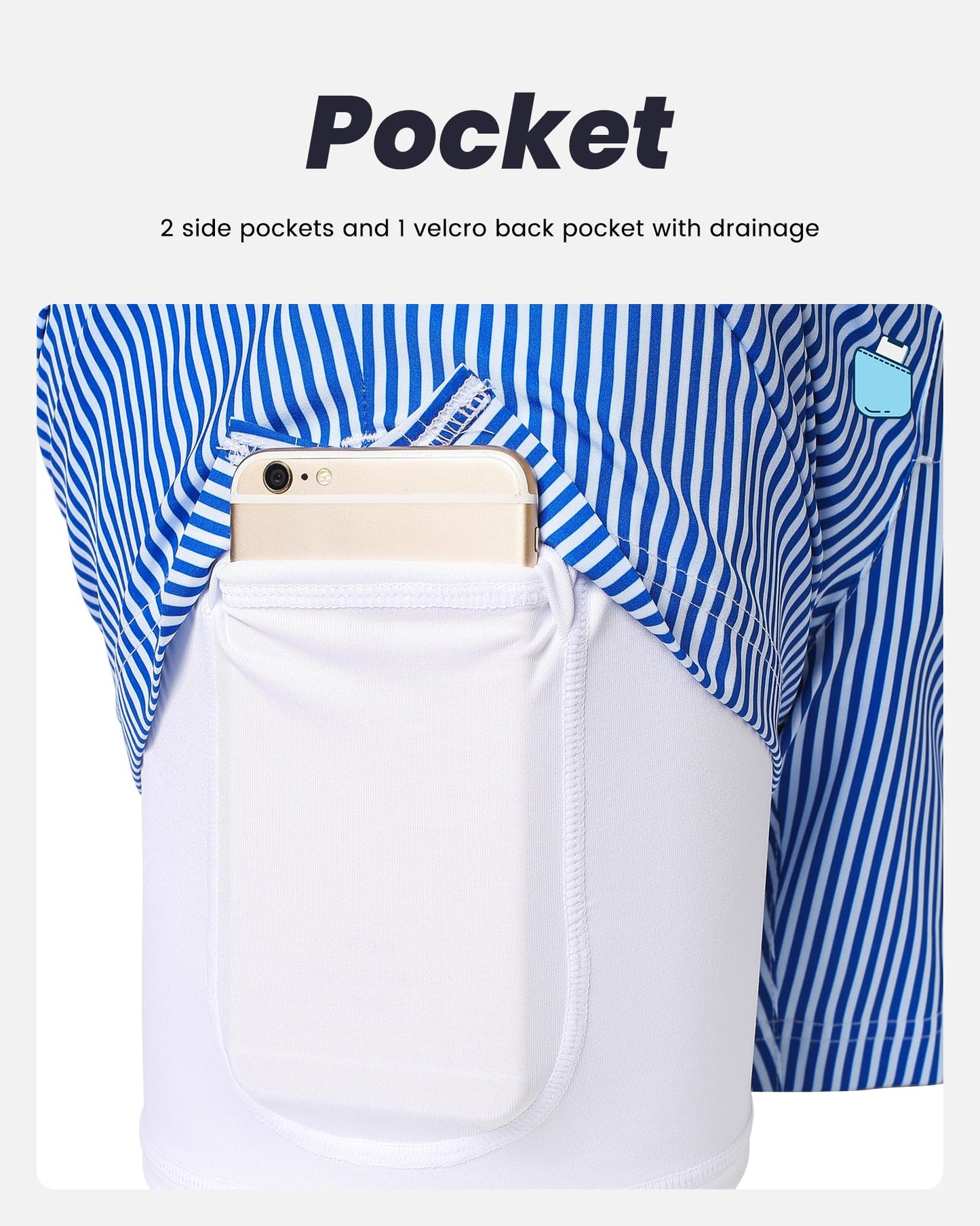 maamgic Mens Swim Trunks with Compression Liner 5 Inch, Quick Dry Bathing Suit with Zipper Pockets, Stretch No-Chafing Swim Shorts, Blue White Stripe Medium