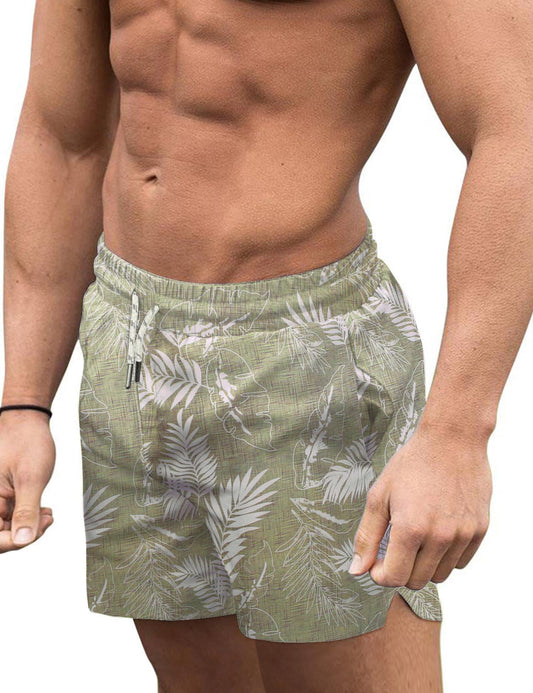 COOFANDY Mens Swim Trunks Plam Print Quick Dry Boardshorts 5 Inches Inseam Bathing Suits with Mesh Lining Green Plam Leaf L