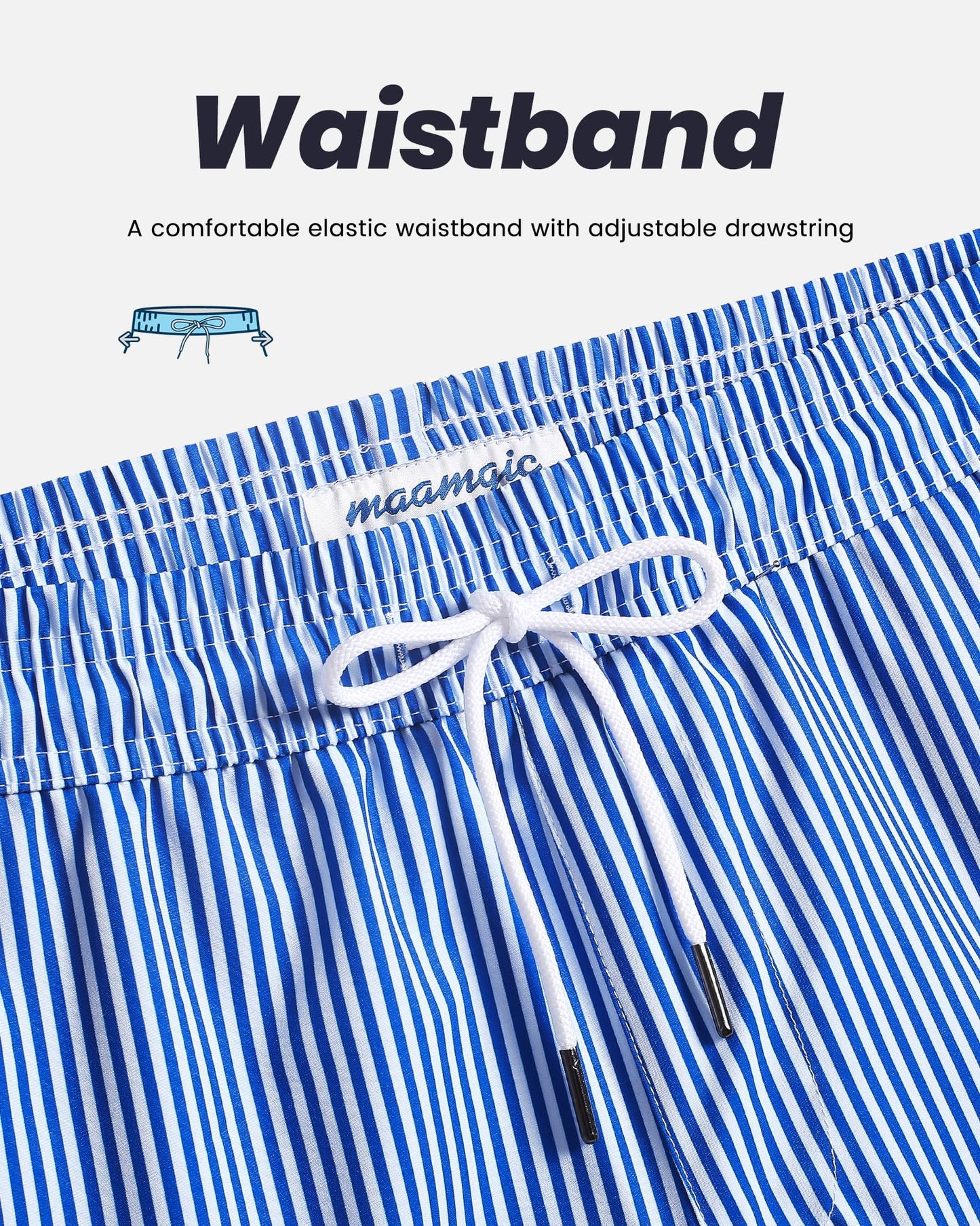 maamgic Mens Swim Trunks with Compression Liner 5 Inch, Quick Dry Bathing Suit with Zipper Pockets, Stretch No-Chafing Swim Shorts, Blue White Stripe Medium